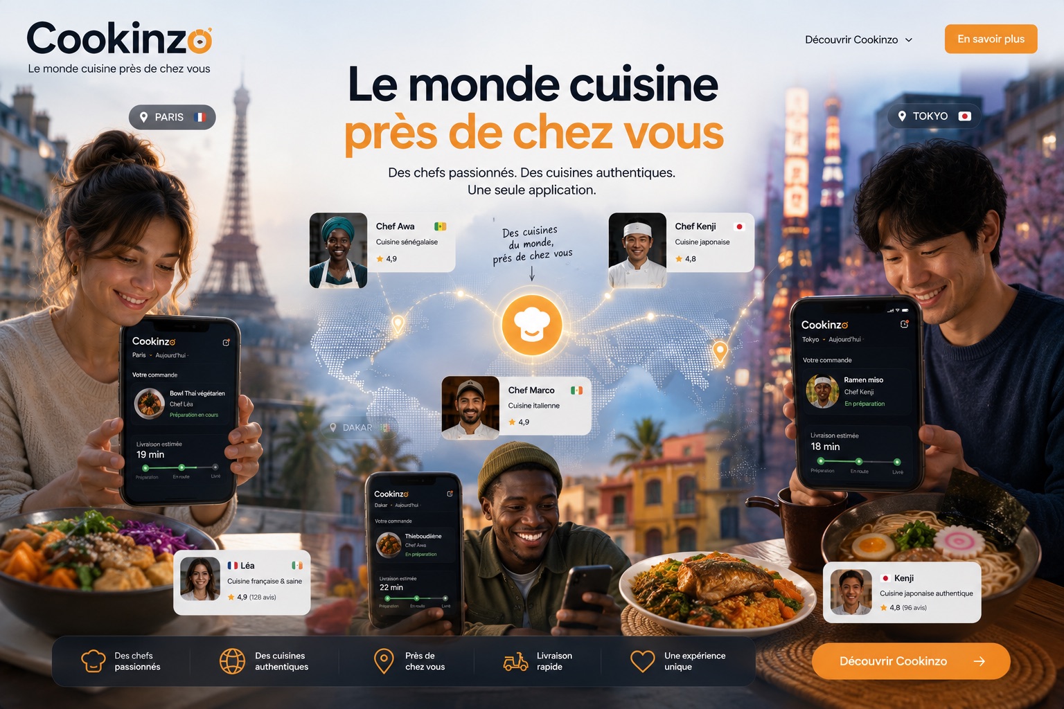 Interface Cookinzo illustrant des cuisines du monde, des chefs locaux et le suivi de commande