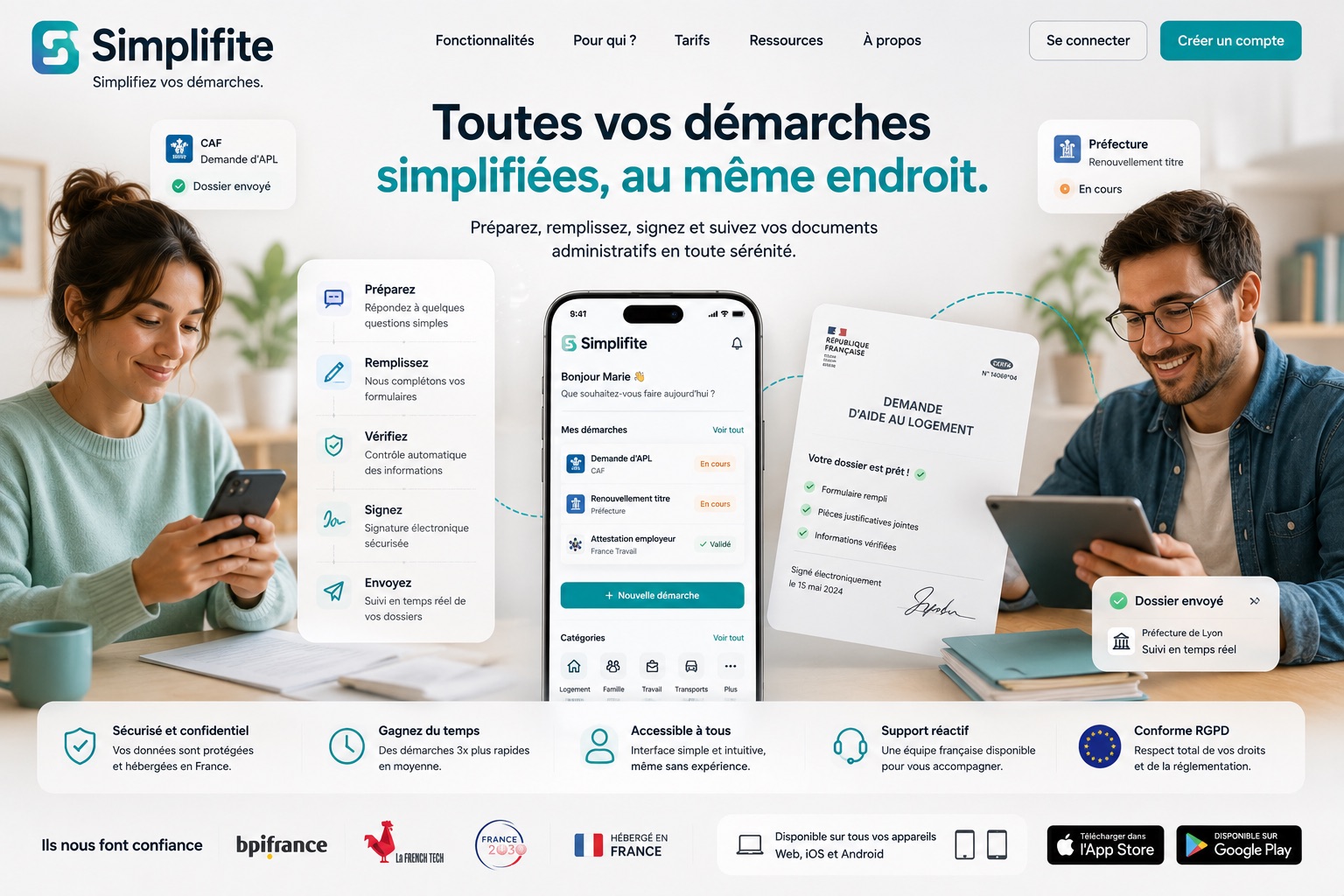 Interface Simplifite illustrant la préparation, la signature et le suivi de documents administratifs